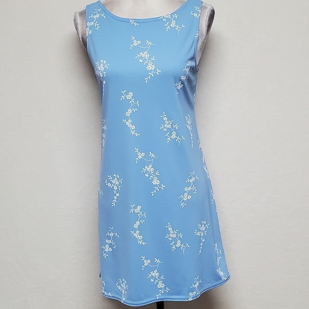 90s Vintage Zanoni by Jalate Sky Blue White Floral Print Mini Sheath Dress M USA - Picture 4 of 15